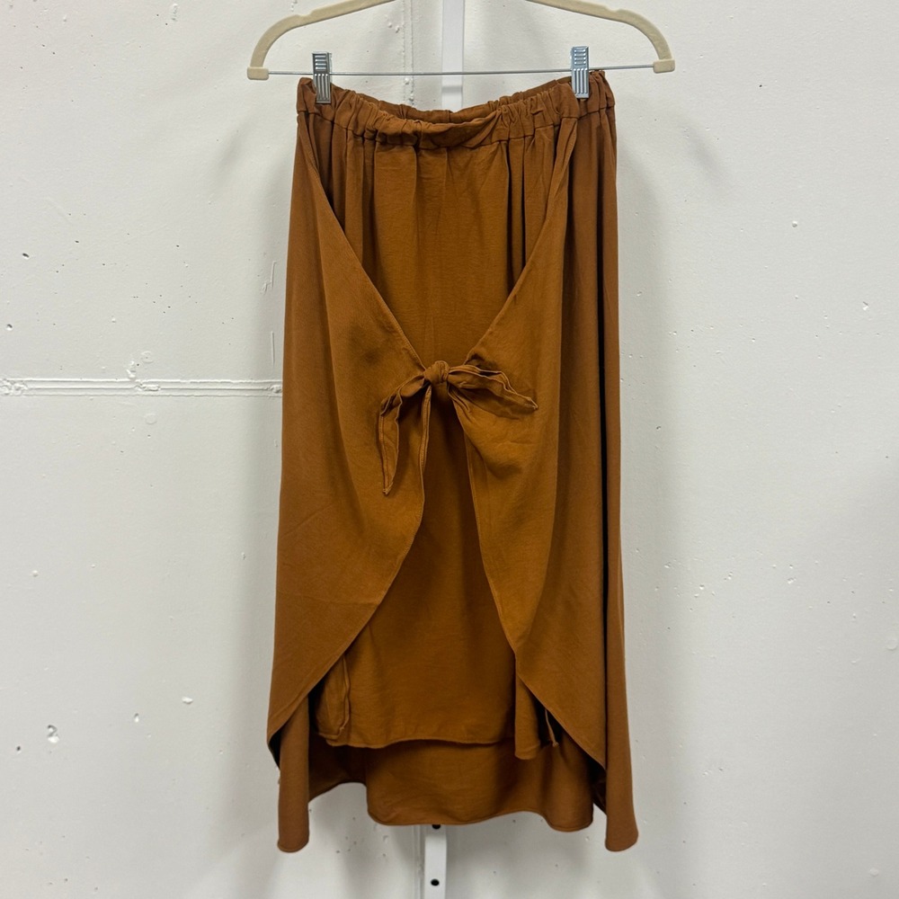 Creatures of Comfort Tobacco Brown Tie Front Wrap Midi Skirt Elastic Waist Boho